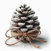 A rustic pinecone ornament with twine bow and snow frosting, isolated on white photo