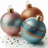 Three colorful Christmas baubles with glitter, isolated on a white background photo