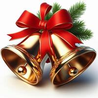 Two shiny golden bells tied with a red ribbon, isolated on a white background photo