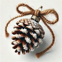 A rustic pinecone ornament with twine bow and snow frosting, isolated on white photo