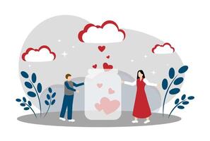 A romantic date. A man and a woman are in love with each other. Jar with hearts vector