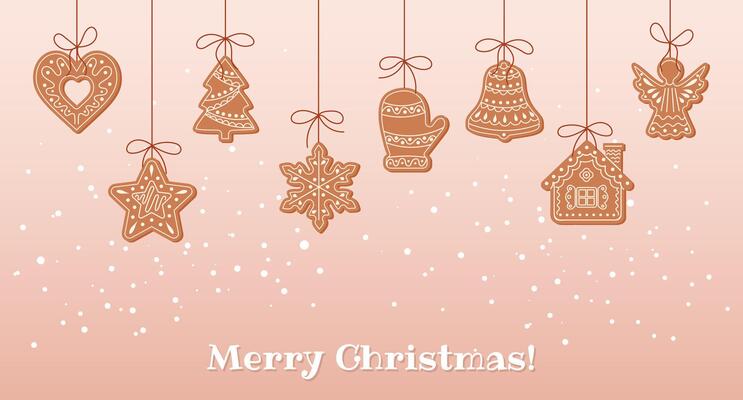 Christmas background with hanging cute gingerbread cookies in snowflakes, greeting card template. Flat style illustration.
