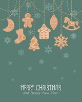 Christmas background with hanging cute gingerbread cookies in snowflakes, greeting card template. Flat style illustration. vector