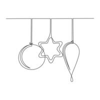 Continuous one line drawing of Christmas tree decorations. Holiday illustration, line art, greeting card vector