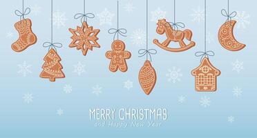 Christmas background with hanging cute gingerbread cookies in snowflakes, greeting card template. Flat style vector