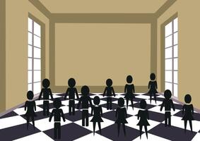 A group of people standing in a room with a checkered floor vector