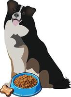 A dog and a bowl of food with a bone vector
