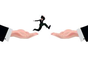 A man in a suit jumping over two hands vector