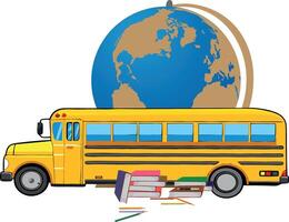 A school bus with books and a globe vector