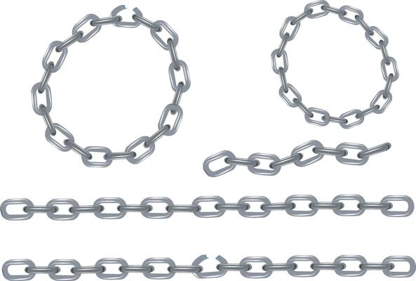 Metal chain links forming circle and broken chain on white background