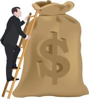 A man climbing up a ladder to reach a bag with a dollar sign vector