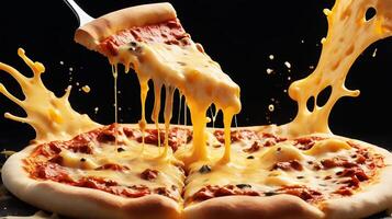 A dynamic splash of melted cheese over a pizza slice photo