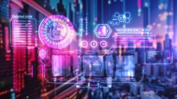 Futuristic HUD displaying data analysis and detailed code video