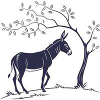 A donkey standing under a tree with leaves vector