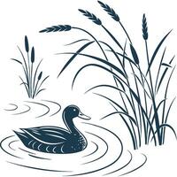 A duck swimming in the water with reeds vector