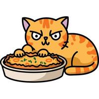 An angry cat eating a pie on a plate vector