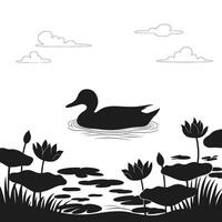 Duck swimming in the pond with lily pads and water lilies vector