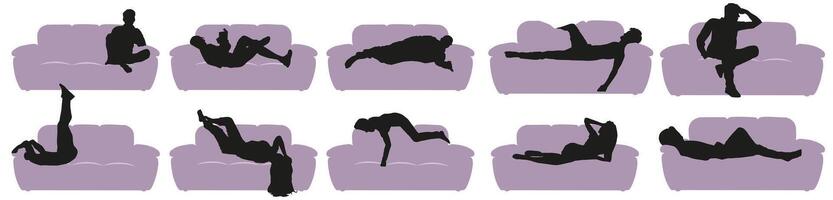 An illustration of how a sofa can be used in everyday life. From relaxation to exercise. vector
