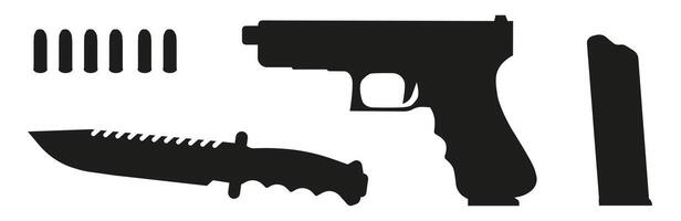 Knife and small-caliber pistol with cartridges. Graphics of weapons. vector