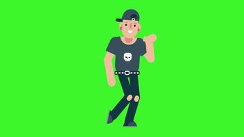 A cartoon man in a black t-shirt and jeans walking in a 2D animation style on a green screen background, ideal for character animations or motion graphics projects. video