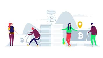 People are working on a Bitcoin machine in a 2D character animation, symbolizing a blockchain project with smooth motion, ideal for cryptocurrency or tech-related projects. video