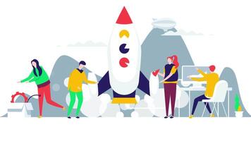People working on a rocket in front of a mountain in a 2D animation, ideal for business startup projects, featuring character templates and entrepreneurial themes. video
