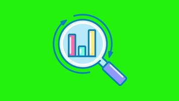 An animated magnifying glass with a bar chart icon, set against a green background, symbolizing analysis, data exploration, and business insights video