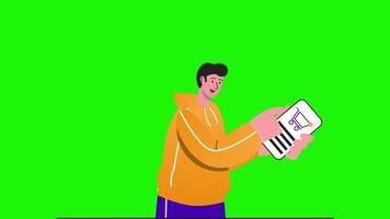 A man holding a phone and looking at it in a 2D character animation, symbolizing online shopping on mobile, set against a simple background with smooth motion and design. video