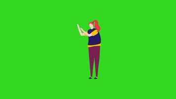 A woman standing near an object on a green screen background in a 2D animation, ideal for various digital projects, character animations, or advertising. video