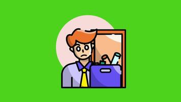 un hombre soportes en frente de un puerta con un maleta en un 2d animación estilo en un verde pantalla fondo, simbolizando trabajo entrevistas, nuevo oportunidades, o siendo despedido. video