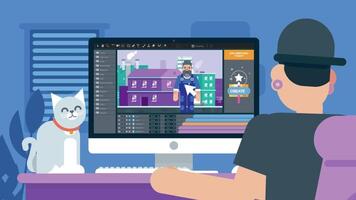A 2D animation featuring a man sitting at a computer with a cat comfortably resting on his lap, portraying a relaxed work-from-home or remote working scene. video