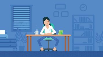 A 2D animation of a woman sitting at a desk in an office setting, featuring a professional environment, ideal for business or workplace-related projects. video