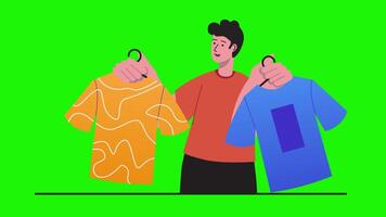 A man holding up two shirts on a green screen in a cartoon 2D animation style, ideal for fashion, shopping, or clothing-related projects with smooth motion and design. video