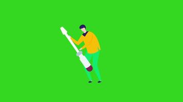A man holding a large screwdriver in a 2D animation style with a green screen background. The design features a simple, playful, and dynamic aesthetic, ideal for projects. video