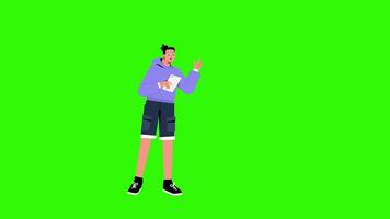A man standing with a phone in hand on a green screen, designed in a 2D animation style, ideal for representing communication, technology, or digital interaction projects. video