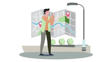 A man using a smartphone to find a place in a 2D animation, ideal for location-based services, maps, or navigation-related projects. video