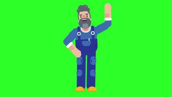 un dibujos animados hombre con un barba, vestido en mono, ondulación su mano en un simpático gesto. un alegre 2d personaje animación ideal para saludos o presentaciones. video