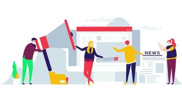 People are standing around a computer with a megaphone in a 2D animation, symbolizing news search, ideal for e-commerce news search template and online media projects. video