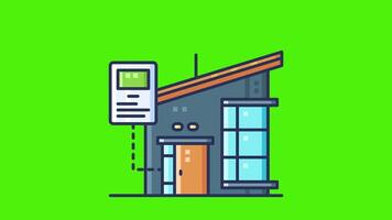 A house with a phone displayed on the front, set against a green screen background, symbolizing a smart home icon animation in a sleek 2D style. video
