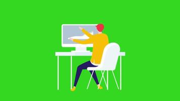 A person sitting at a desk with a computer screen in a 2D animation style on a green screen background, symbolizing work, productivity, or digital interaction. video