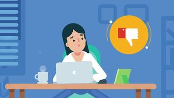 A 2D animation of a woman sitting at a desk with a laptop, giving a thumbs-up gesture, symbolizing success, positivity, or approval in a professional or work-from-home setting. video