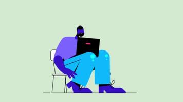 2D illustration of a man sitting on a chair working on a laptop in a simple animated style video