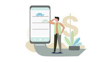 A man using a smartphone to check the price of a car in a 2D icon animation, ideal for automotive, shopping, or e-commerce-related projects. video