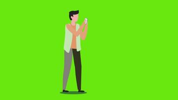 A man taking a picture with his phone on a green screen background in a 2D cartoon animation, ideal for photography, technology, or mobile app projects. video