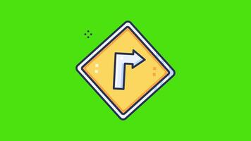 A yellow road sign with an arrow pointing right in an icon animation style, set against a green screen background, ideal for transportation, navigation, or road-related projects. video
