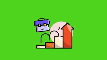 A person holding a laptop on a bar chart in a promotional chart icon animation with a green screen background. video
