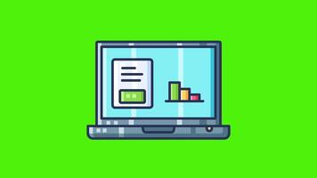 A laptop with a bar chart displayed on its screen, set against a green screen background, symbolizing a laptop and chart icon animation in 2D style. video