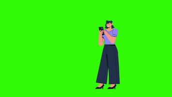 A woman is taking a picture and browsing an online shop on her phone, set against a green screen in 2D character animation, ideal for e-commerce and mobile shopping themes. video
