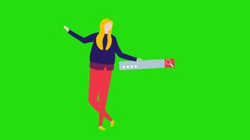 A 2D character animation of a woman holding a search window sign icon, set against a green screen background. Ideal for search-related or tech projects. video