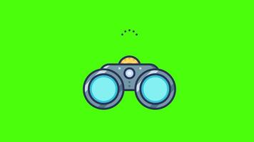 A cartoon binoculars icon on a solid green background, featuring bold lines, vivid colors, and a playful, modern design perfect for digital or illustrative purposes. video